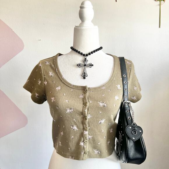 Green Waffle Knit Floral Crop Top, Y2K, Cottagecore, Indie, Retro, Small - Picture 1 of 6